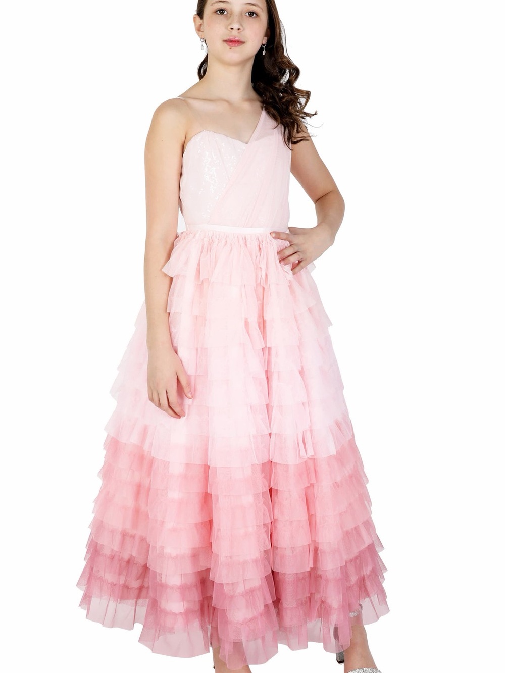 Christian Siriano Pink Ombre One-Shoulder Layered Tulle Dress Formal Ball Gown